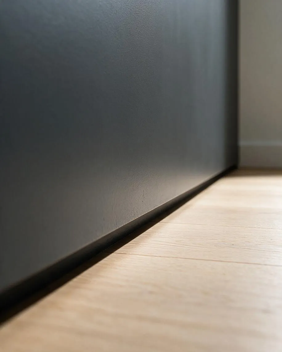 A close-up interior detail shows a smooth dark gray wall meeting pale wood flooring, with a thin black baseboard creating a clean edge. Soft daylight grazes the floor and wall, emphasizing the simple lines and restrained materials of a minimalist space.