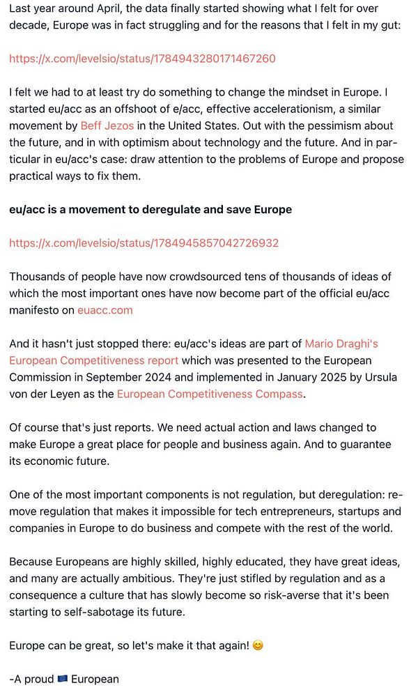 The image features a detailed text discussing the eu/acc movement and its goals for Europe.