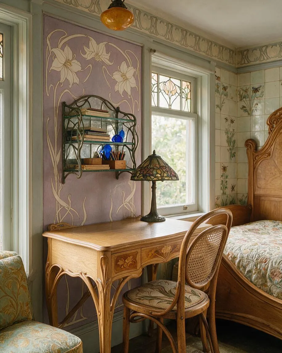 A charming kids' room with Art Nouveau details, featuring a carved wooden desk, bentwood chair, floral upholstered bed, and stained-glass-style lamp. Soft lavender wall panels with large flower motifs, botanical wallpaper, and pastel glass windows create a warm, whimsical atmosphere.