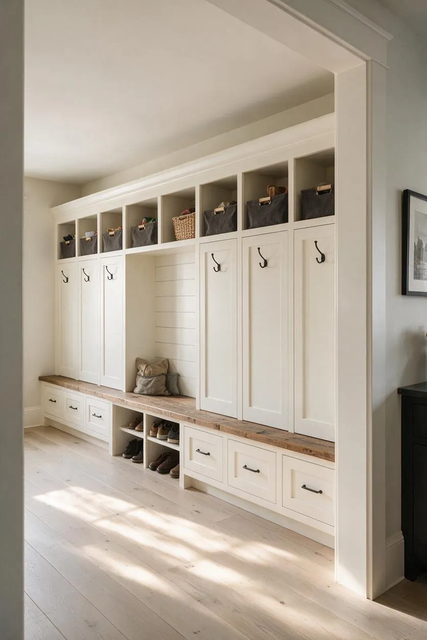 A built-in farmhouse-style closet wall with white paneled lockers, black hooks, open cubbies, and a long rustic wood bench. Woven bins line the upper cubbies, and the light wood floor reflects soft natural sunlight across the room.