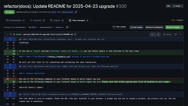The image displays a GitHub pull request for updating a README file related to a project upgrade.