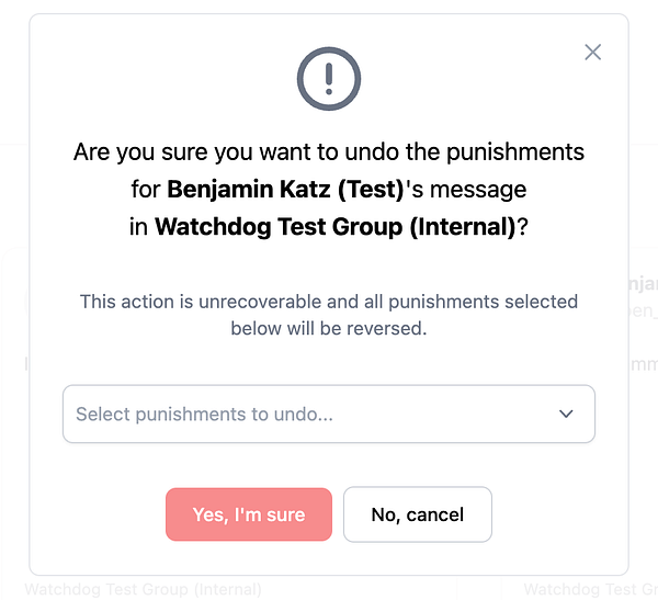 A confirmation dialog for undoing moderation actions in a dashboard interface.