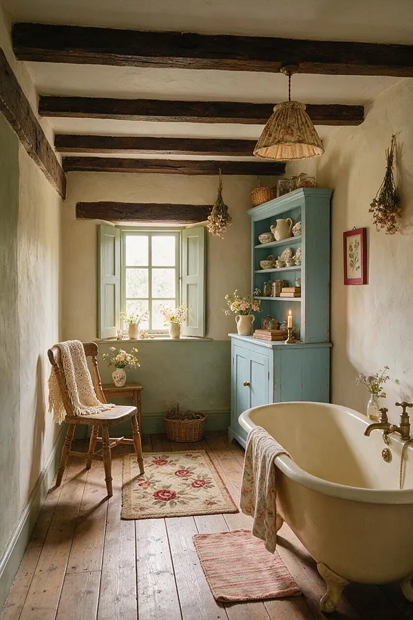 A cozy cottagecore bathroom with exposed dark wood ceiling beams, cream plaster walls, and a pale blue cabinet beside a window with mint shutters. A freestanding cream bathtub, wooden chair with knitted throw, floral rugs, and dried flowers create a soft, vintage farmhouse feel.