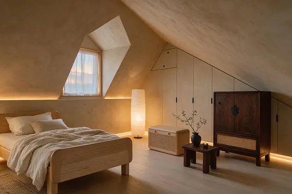 A serene kids' room with a low wooden bed dressed in soft white linens, set under a sloped ceiling and a small window with sheer curtains. Built-in cream storage cabinets line one wall, while a woven storage bench, dark wood cabinet, paper floor lamp, and small table with a vase create a calm Japandi atmosphere.