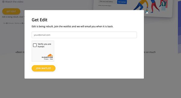 Screenshot of a web browser showing a landing page with a waitlist form for a Chrome extension, highlighting a message about the extension being removed from the Chrome Web Store.