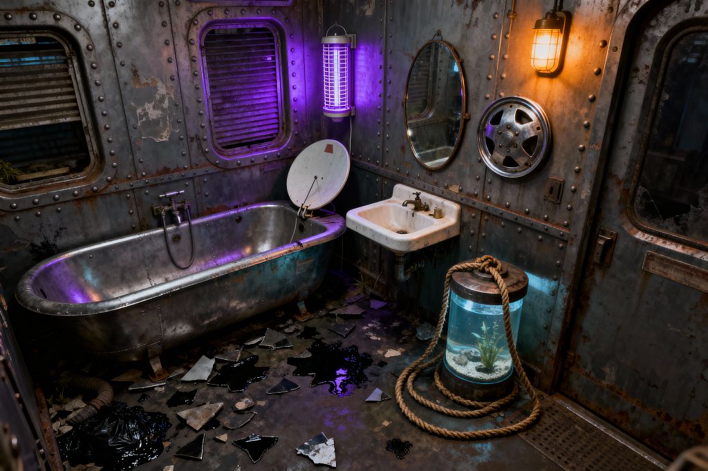 A post-apocalyptic bathroom with riveted, rusted steel walls frames a galvanized metal bathtub beside a small wall-mounted porcelain sink. Purple UV light and a warm caged sconce illuminate an oval mirror, a repurposed hubcap, a satellite dish, broken glass and oil on the floor, and a rope-wrapped glowing glass cylinder with an aquatic plant, creating a gritty, industrial atmosphere.