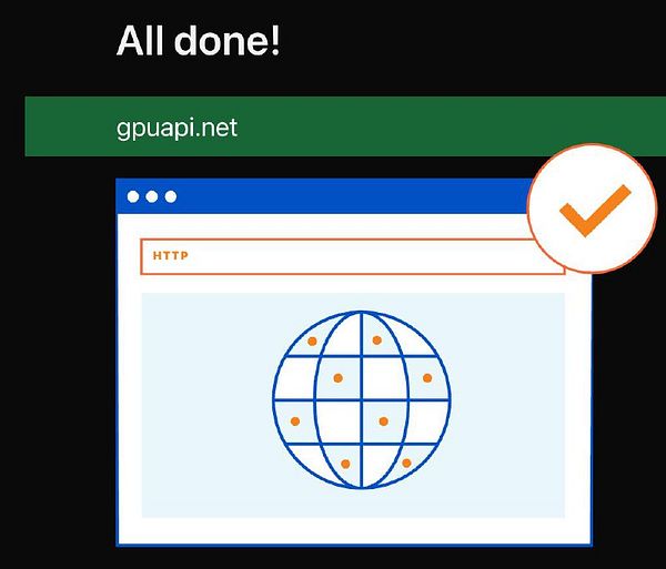 The image displays a confirmation message indicating the successful creation of the website gpuapi.net.