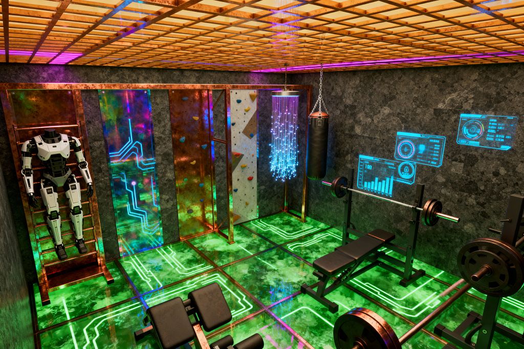 A compact home gym with a neon green glass floor patterned like circuit boards and a warm copper grid ceiling. Dark stone walls hold blue holographic displays over a black bench press, free weights, and dumbbells, with a chain-hung punching bag, fiber-optic light column, bouldering wall panels, and a white mech suit mounted on a copper ladder frame.