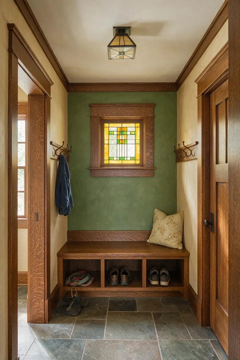 A narrow Craftsman-style mudroom with warm stained wood trim, built-in bench seating, and open cubbies for shoes. The back wall features olive green paint and a stained glass window, while simple coat hooks line both sides and a square pendant light hangs overhead.
