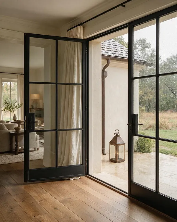 A transitional living space with black steel-framed French doors opening to a pale stone patio. Inside, warm oak flooring, cream curtains, and a neutral seating area create a soft contrast to the dark window mullions and the lantern outside.