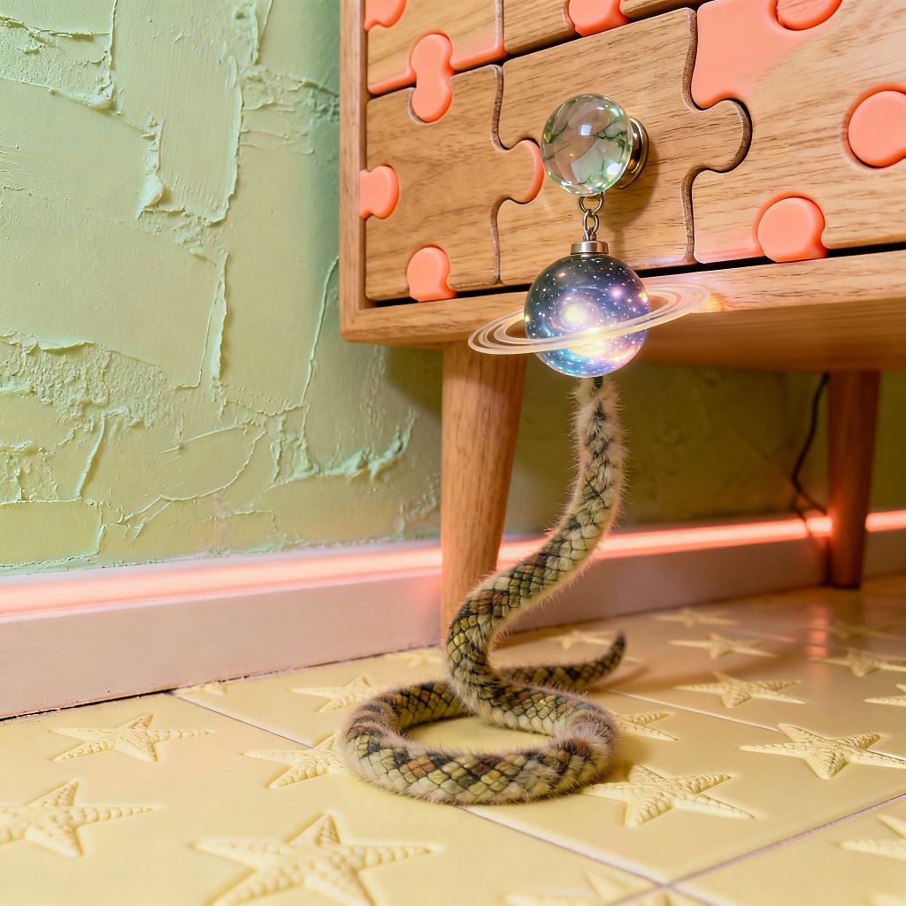 Close-up of a whimsical kids’ room corner featuring a light oak cabinet on tapered legs with drawer fronts formed by interlocking puzzle pieces in neon coral and wood. A large faceted glass knob sits above a glowing planet-like sphere with rings, attached to a furry, snake-shaped decorative tail. The wall is mint green textured plaster, a pink LED glow lines the baseboard, and the floor has butter-yellow tiles embossed with raised stars.