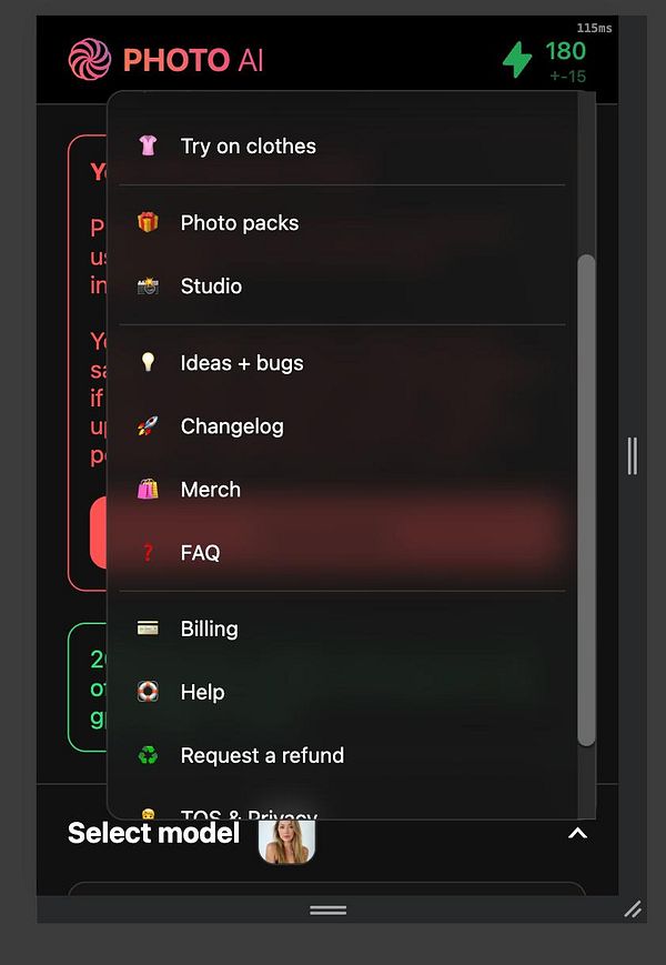The image displays a mobile app interface featuring a dropdown navigation menu.