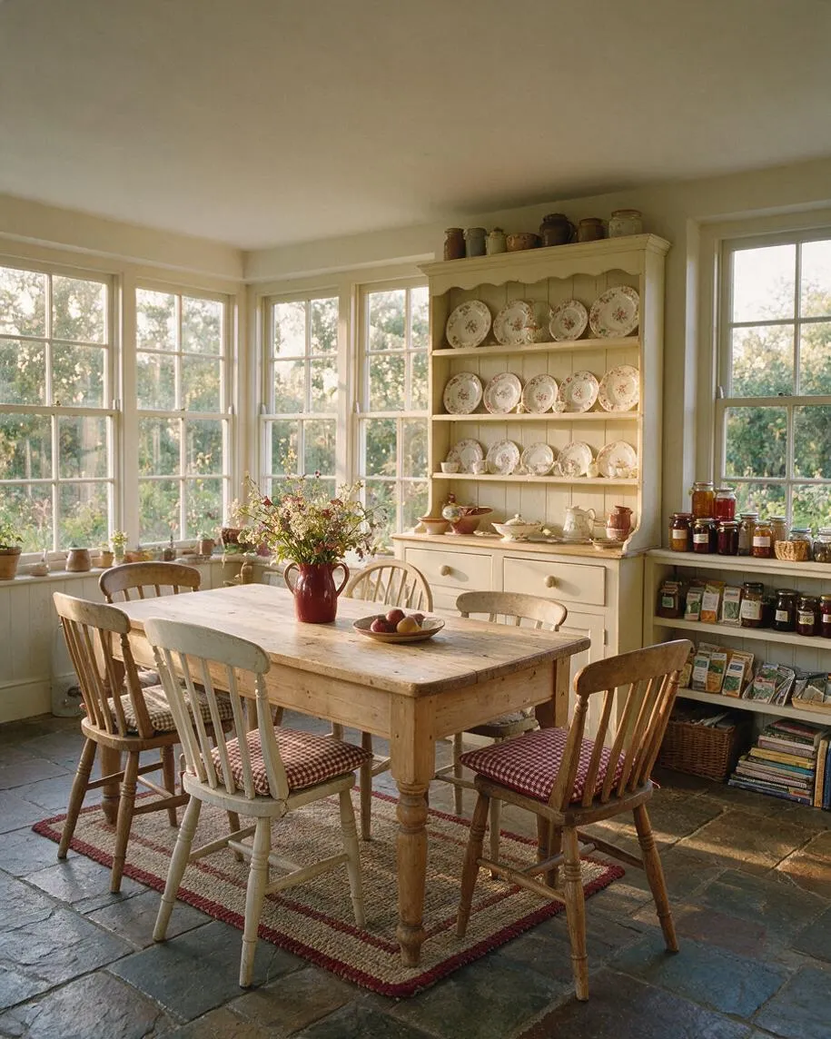 A bright cottagecore sunroom with tall multi-pane windows, a rustic wooden dining table, and four mismatched spindle-back chairs around a small rug. Cream painted cabinetry displays floral plates and jars, while open shelves hold preserves and pantry items, creating a cozy country-style gathering space.