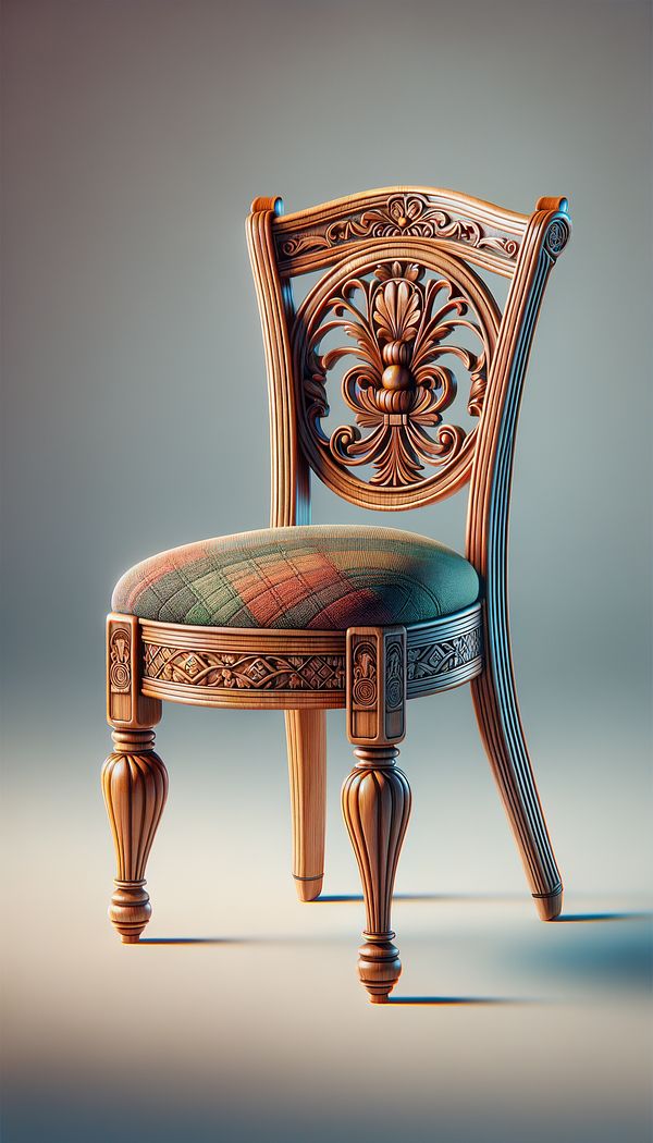 An elegantly carved wooden spindle in the backrest of a traditional dining chair.