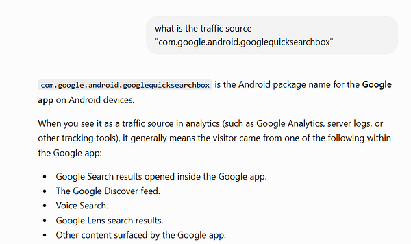 Screenshot of an Android app's interface showing a 'com.google.android.googlequicksearchbox' traffic source in a job board search context.