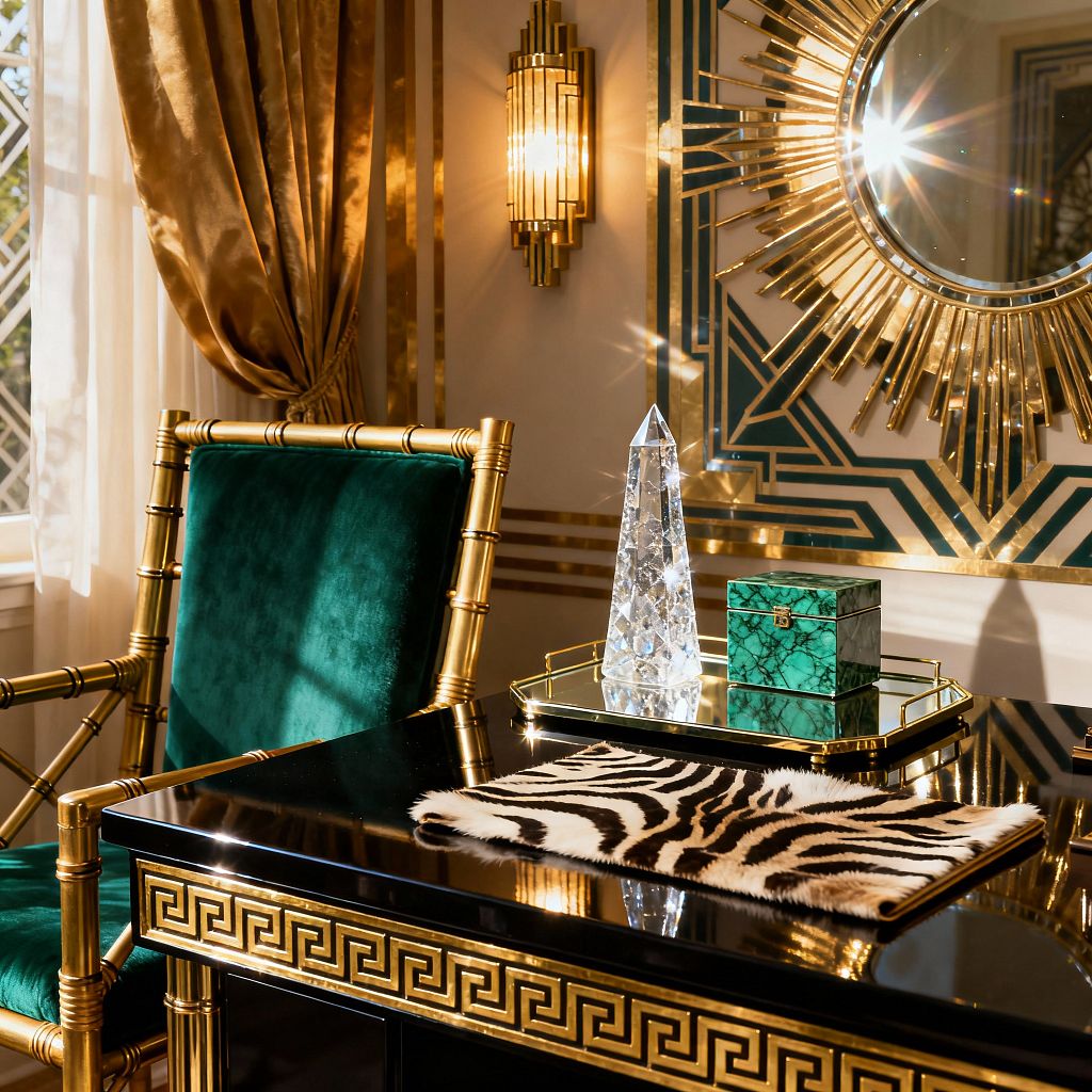 A glamorous home office vignette features a black lacquer desk with a gold Greek key trim, topped with a zebra-print hide mat, a cut-crystal obelisk, and a malachite box on a mirrored tray. A brass faux-bamboo chair upholstered in emerald velvet sits beside gold satin drapery. The wall shows a round sunburst mirror and an Art Deco sconce over cream panels with emerald and gold geometric detailing.