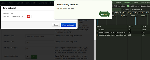 The image displays a user interface for sending a test email, showing an error message indicating the email was not sent.