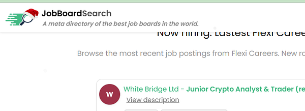 The image displays a job board interface showcasing a job listing for a Junior Crypto Analyst & Trader position.
