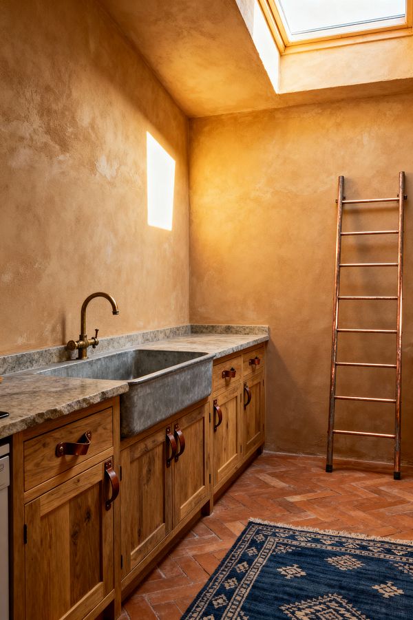 A rustic laundry room with warm clay-colored plaster walls lit by a skylight. Long natural-wood cabinets with leather strap pulls support a mottled stone countertop and a deep rectangular concrete sink fitted with an aged brass bridge faucet. The floor is terracotta in a herringbone pattern, and a slim copper ladder leans on the wall for drying. A navy flatweave rug with beige geometric motifs softens the floor as daylight casts strong shadows.