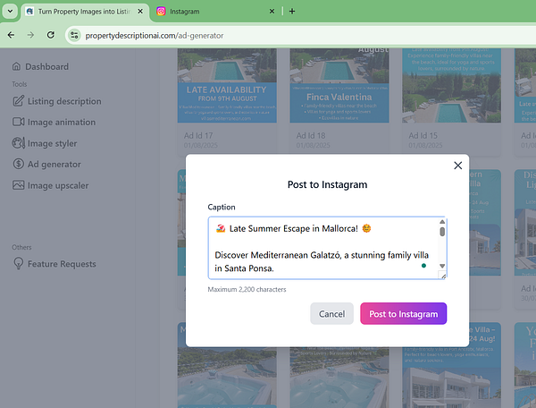 A user interface for posting an Instagram caption related to a Mediterranean villa.