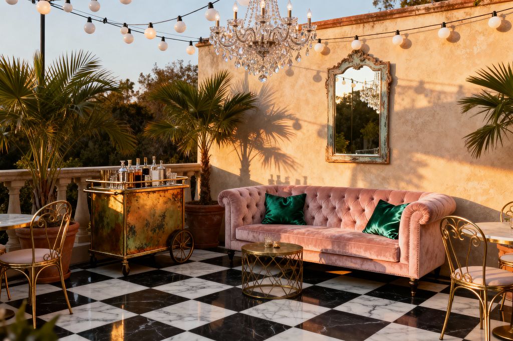 An outdoor patio styled in vintage glam with a black-and-white checkerboard marble floor, a tufted blush velvet sofa topped with emerald pillows, and a round gold openwork coffee table. A patinated brass bar cart stands beside potted palm trees, while a distressed ornate mirror hangs on a warm stucco wall. Globe string lights and a crystal chandelier add sparkle as sunset light casts long, dramatic shadows across the space.