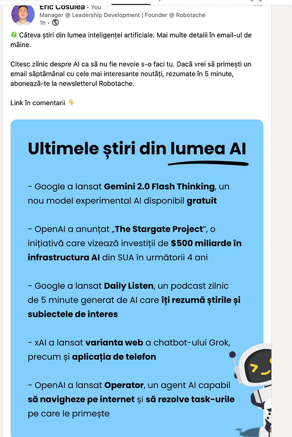 A LinkedIn post sharing recent news in artificial intelligence.