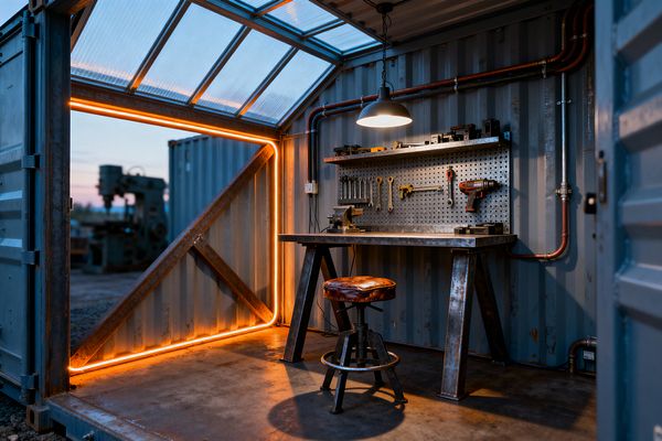 An industrial home office and workshop inside a repurposed shipping container. A heavy raw-steel workbench faces gray corrugated walls with a perforated metal pegboard holding hand tools, a vise, and a power drill. A matte-black dome pendant lights the station as amber LED strips trace the open door frame. Exposed copper and steel conduits line the walls, a brown leather swivel stool sits below, and a translucent roof panel brings in daylight.