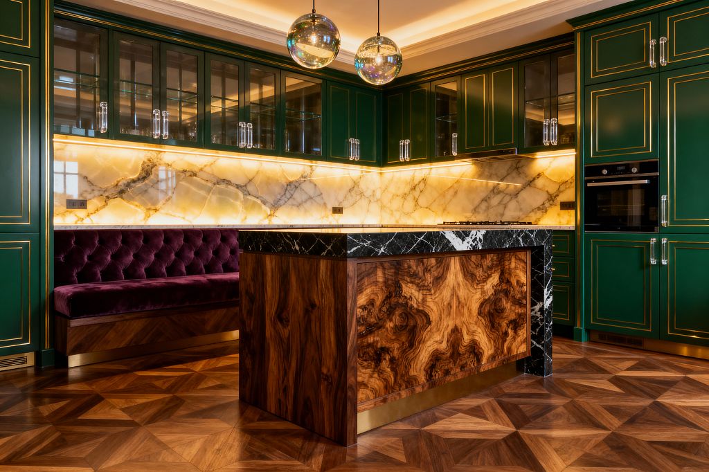 Luxurious kitchen featuring deep emerald paneled cabinets with gold trim and glass-front uppers, set against a luminous backlit onyx slab backsplash. A central island shows a black marble top with waterfall sides and a highly figured burl wood front with a brass toe kick; a tufted plum velvet banquette lines one wall, while warm cove and under-cabinet lighting, mirror-finish globe pendants, clear rod pulls, integrated appliances, and geometric walnut parquet flooring complete the scene.