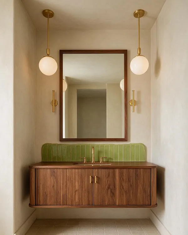 A narrow powder room with a floating ribbed wood vanity, brass faucet, and green tile backsplash beneath a large wood-framed mirror. Globe pendant lights with brass stems hang on either side, and the cream walls and pale tile floor keep the space light and minimal.