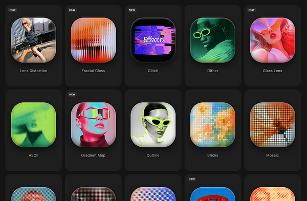 Grid layout of 14 stylized filter effect icons labeled with effect names and 'NEW' tags on some, designed for a photo editing effects page.