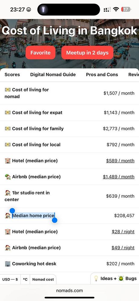 The image displays a mobile app interface showing the cost of living in Bangkok.
