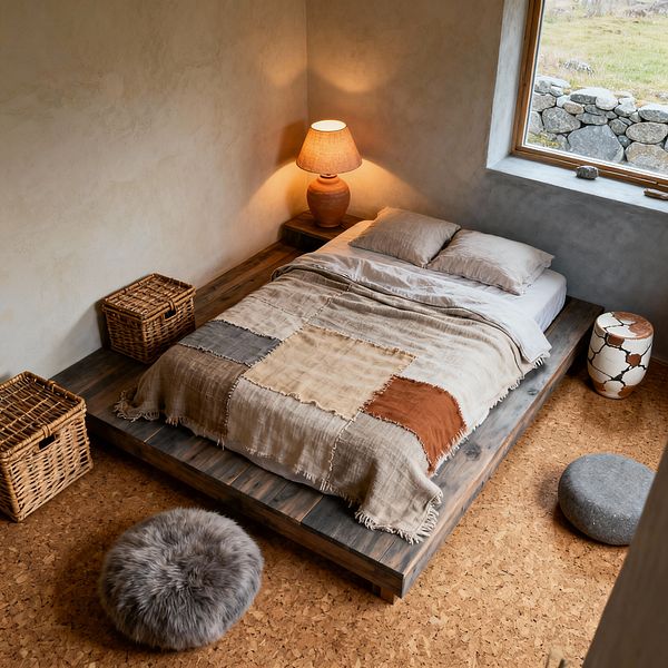 A minimalist kids’ bedroom features a low, weathered-wood platform bed with frayed-edge patchwork linen in beige, gray, and rust. The space has cork flooring, limewashed plaster walls, and a wood-trimmed window that brings in natural light and views of stones and grass. A terracotta lamp sits on a wooden ledge, with woven rattan baskets for storage, a crackle-glazed ceramic stool, a pebble-gray floor cushion, and a fluffy gray pouf.