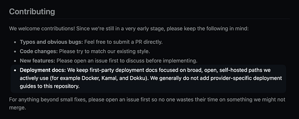 Screenshot of a GitHub README.md file displaying various sections of documentation and markdown formatting.