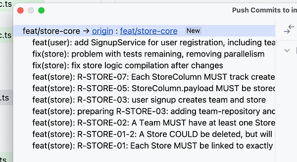 The image displays a code commit interface showing a list of recent commits related to a feature branch in a version control system.