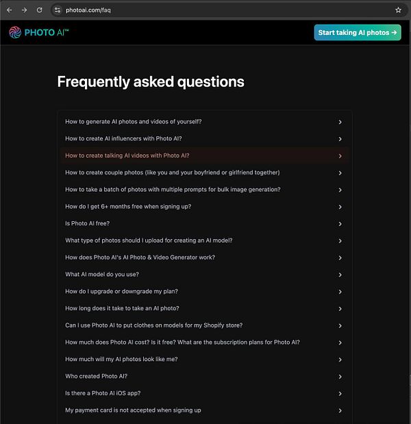 The image displays a FAQ page for Photo AI, featuring a list of common questions related to the service.