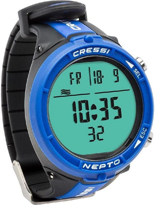 Cressi Nepto freediving watch with digital display and strap, shown against a textured fabric background.