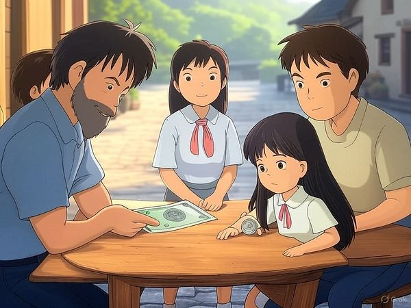 A family gathers around a table, discussing money matters in a serene outdoor setting.