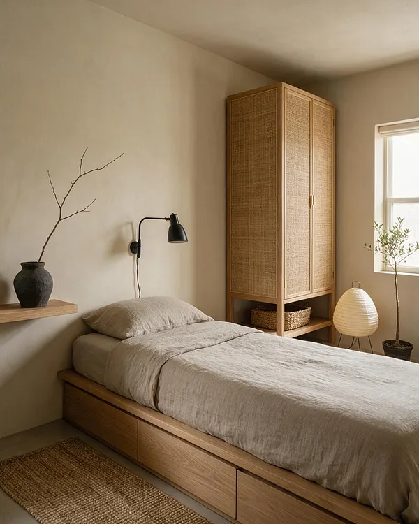 A serene guest bedroom with a low wooden bed, beige linen bedding, and a woven rattan wardrobe beside a bright window. Minimal decor includes a black wall lamp, a ceramic vase with bare branches, a paper lantern floor light, and a small potted tree, all in soft neutral tones.