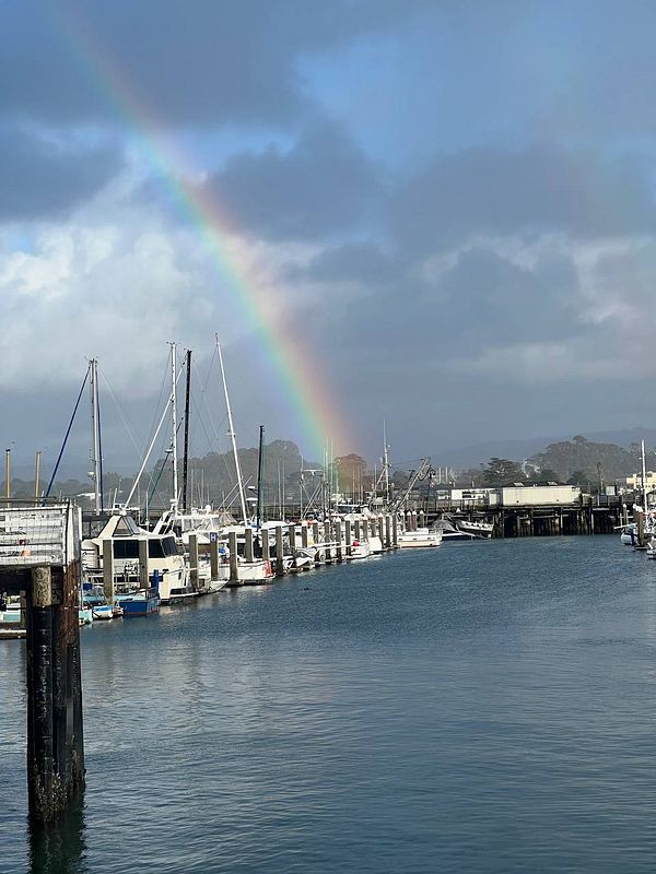 A picturesque marina scene featuring a rainbow arching over the water.