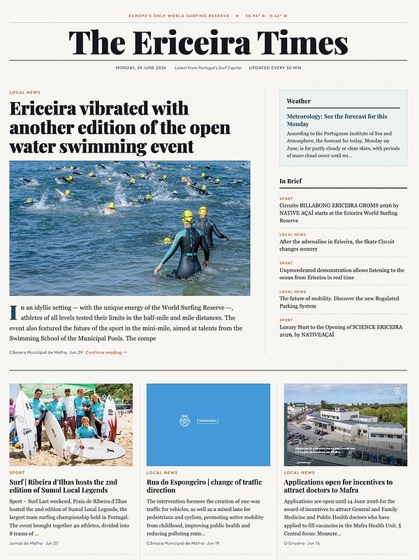Ericeira Times newspaper front page featuring articles, images, and a clean layout.