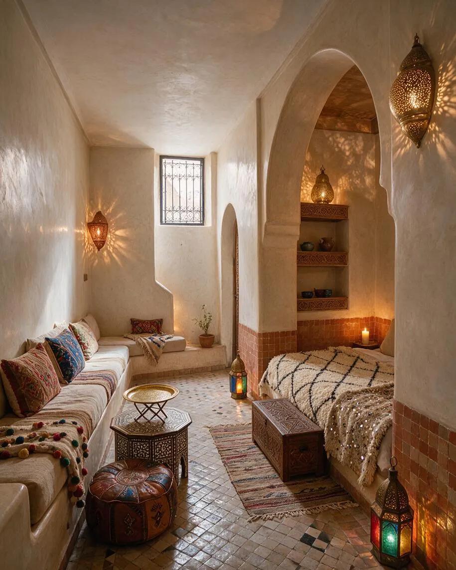 A narrow Moroccan-style guest bedroom with white plaster walls, arched openings, and warm amber lantern light casting patterned shadows. The room includes low daybeds with embroidered cushions, mosaic tile flooring, carved wood tables, a leather pouf, and shelves with pottery, creating a cozy and intimate atmosphere.