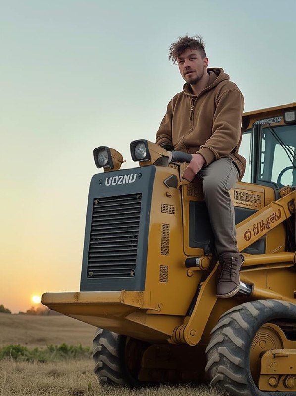 A person sits on a yellow construction vehicle at sunset.