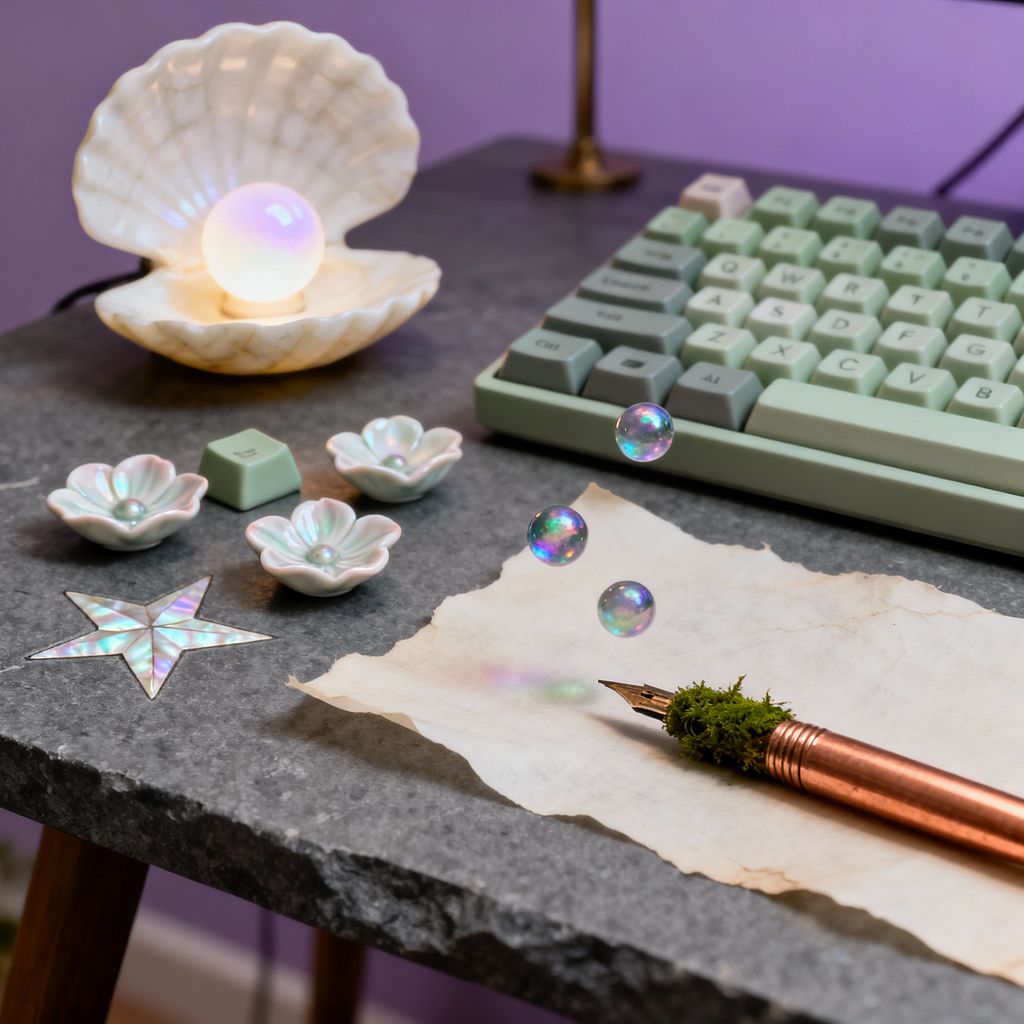 A close-up of a surreal home office desktop shows a dark stone surface with a sage and gray mechanical keyboard, a scallop shell lamp cradling a glowing opalescent orb, and three small porcelain shell dishes holding pearls. An iridescent star, aged parchment, and a copper fountain pen wrapped with moss sit nearby as rainbow bubbles hover. A lavender wall and a brass lamp stem add soft light to this whimsical, ocean-inspired vignette.