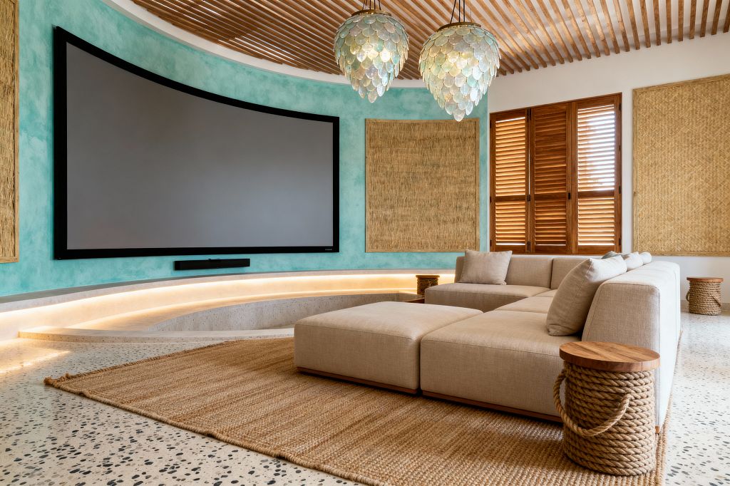 A coastal-style media room features a large curved projection screen set into a seafoam plaster wall, with a concrete tier and warm LED cove lighting below. A sand-colored modular linen sectional sits on a chunky jute rug over light terrazzo flooring, accompanied by rope-wrapped side tables, woven seagrass wall panels, teak louvered shutters, slatted wood ceiling details, and two shimmering capiz-shell pendants.