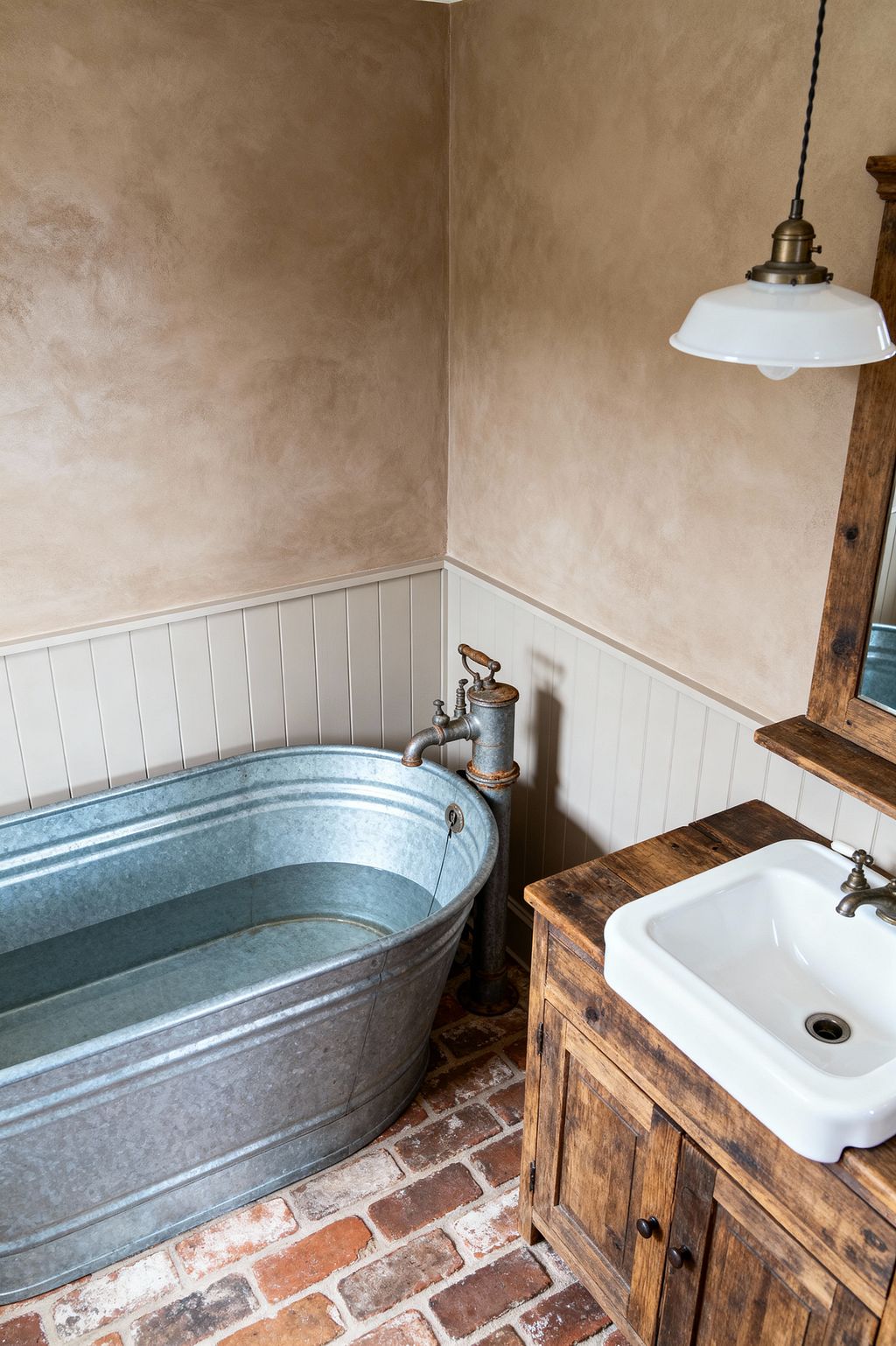 A farmhouse bathroom featuring a galvanized steel soaking tub beside a vintage hand-pump style filler, set against cream-painted beadboard and warm taupe plaster walls. The floor is reclaimed red brick, and a rustic wood vanity with a white ceramic sink and aged metal tap sits under a wood-framed mirror, while an enamel-shaded pendant light hangs above, creating an authentic, timeworn look.