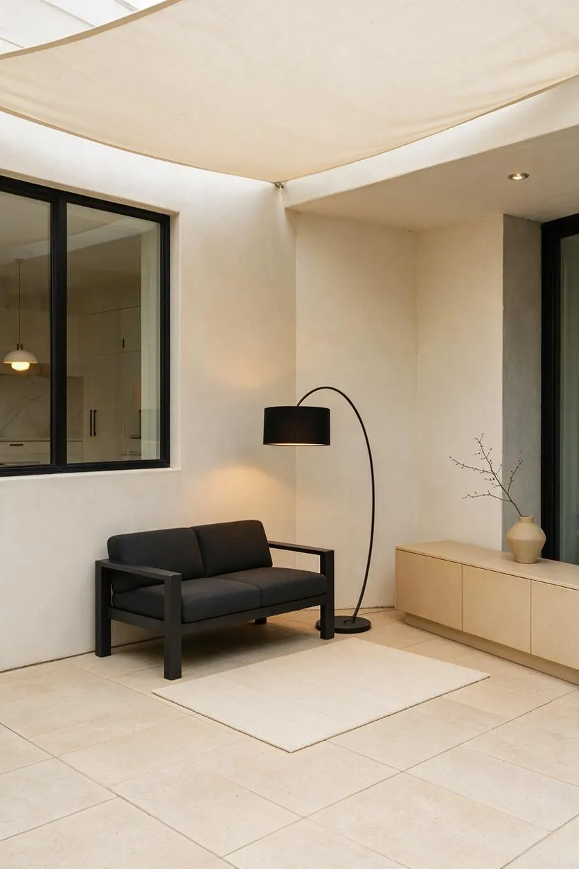 A minimalist backyard patio with large beige tile flooring, smooth white walls, and a stretched light canopy overhead. Black-framed windows and a slim black arched floor lamp anchor a small seating area with a dark sofa, a cream rug, and a light wood cabinet with a vase and branches.