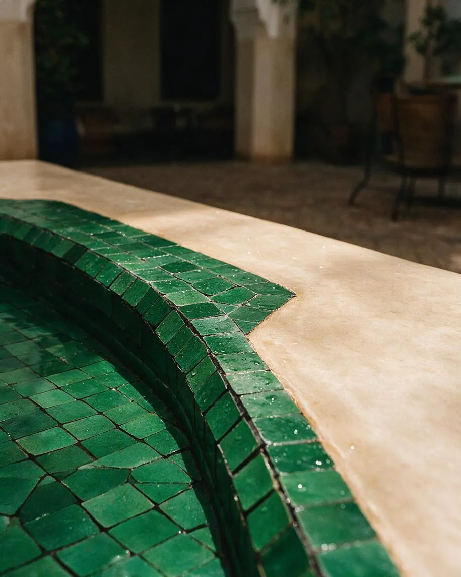 A close-up view of a curved basin or fountain edge finished in glossy emerald-green mosaic tiles, set into a smooth beige plaster surface. The tiles form a geometric Moroccan pattern with visible grout lines and a handcrafted texture.