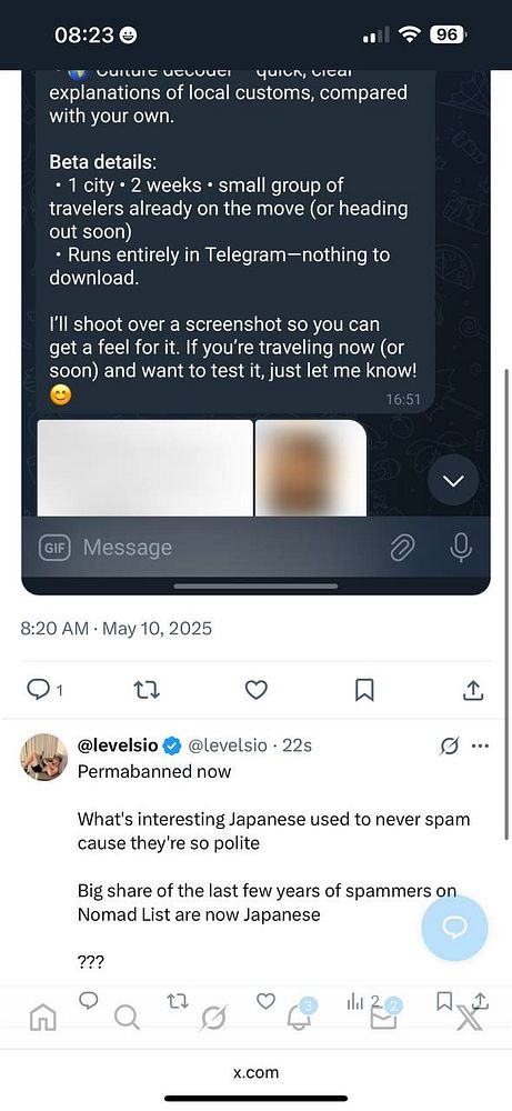 A screenshot of a social media post discussing a beta travel group and a comment about Japanese spammers.