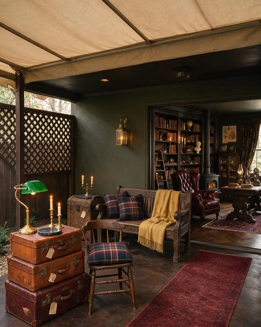 A covered patio styled like a cozy dark academia lounge with a canvas awning, deep green walls, and dark wood finishes. Vintage suitcases, brass lamps, plaid textiles, a mustard throw, and a red runner lead into an interior room filled with books, leather chairs, and warm candlelight.