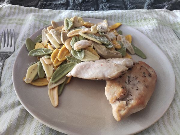 A plate of colorful pasta accompanied by two pieces of white meat.